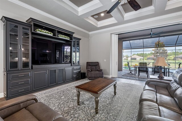 514 Wingspan Dr, Ormond Beach, FL 32174 - living area with ceiling fan, coffered ceiling, baseboards, ornamental molding, and wood finished floors