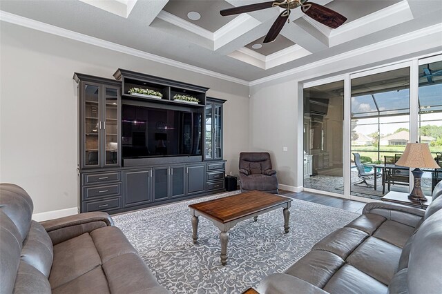 514 Wingspan Dr, Ormond Beach, FL 32174 - living area with coffered ceiling, baseboards, crown molding, a ceiling fan, and wood finished floors