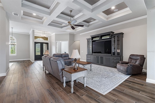 514 Wingspan Dr, Ormond Beach, FL 32174 - living area with dark wood-type flooring, baseboards, ceiling fan, a chandelier, and beamed ceiling