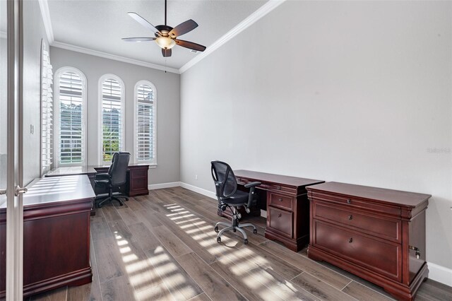 514 Wingspan Dr, Ormond Beach, FL 32174 - office space with wood finished floors, a ceiling fan, crown molding, and baseboards