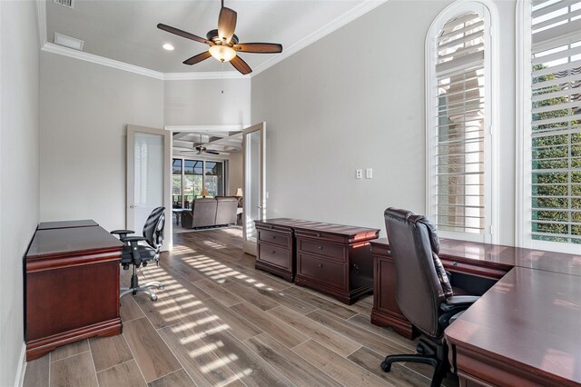 514 Wingspan Dr, Ormond Beach, FL 32174 - office featuring a ceiling fan, ornamental molding, and wood finish floors