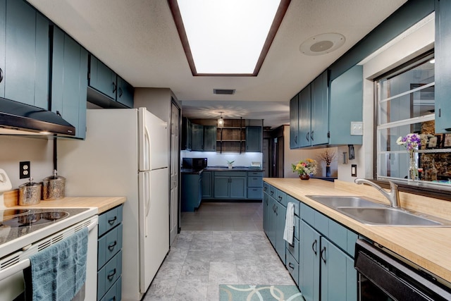 35 Whippoorwill Ln, Ormond Beach, FL 32174 - kitchen featuring white electric range, a sink, dishwashing machine, light countertops, and blue cabinets
