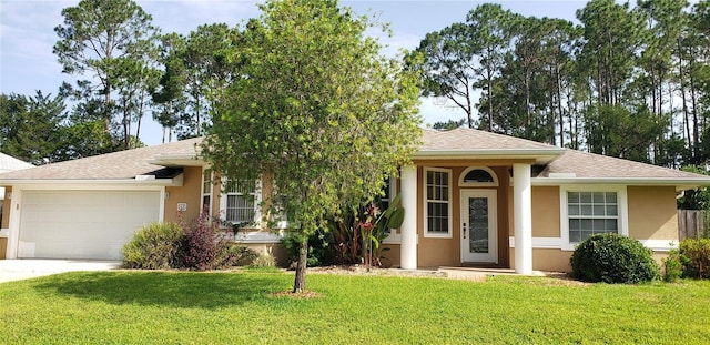45 Barkwood Ln, Palm Coast, FL 32137 - ranch-style home featuring stucco siding, an attached garage, a front lawn, concrete driveway, and roof with shingles