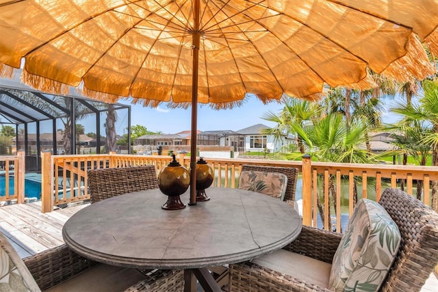 30 Clermont Ct, Palm Coast, FL 32137 - wooden terrace featuring outdoor dining area, a residential view, a lanai, and an outdoor pool