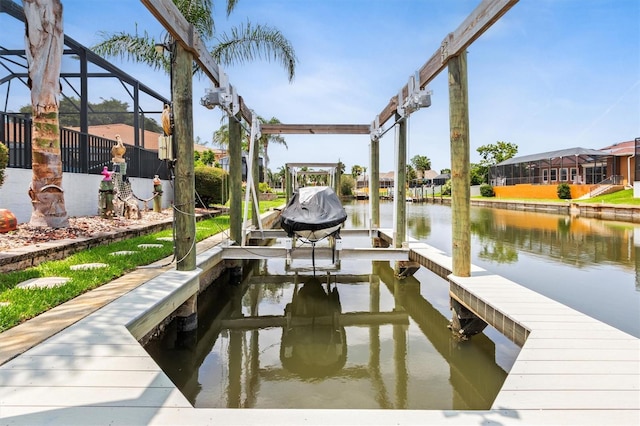 30 Clermont Ct, Palm Coast, FL 32137 - dock area with boat lift, a water view, and glass enclosure