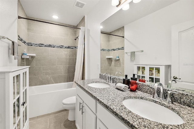 24 Beacon Mill Ln, Palm Coast, FL 32137 - full bathroom featuring shower / bathtub combination with curtain, toilet, double vanity, and tile patterned flooring