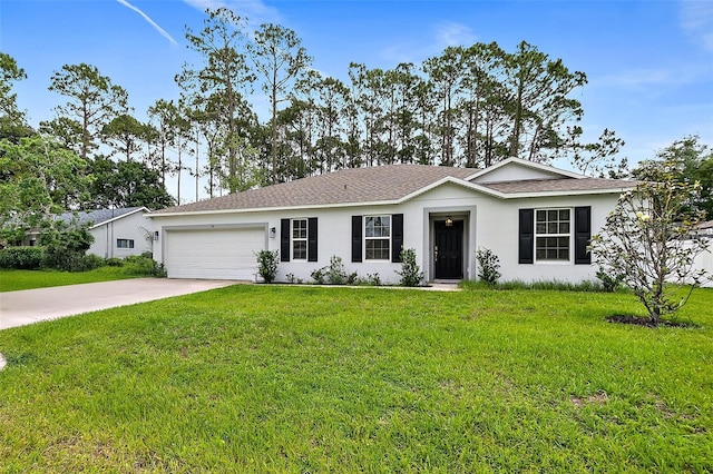 24 Beacon Mill Ln, Palm Coast, FL 32137 - ranch-style house with stucco siding, a garage, concrete driveway, and a front yard