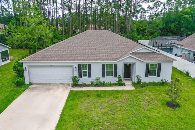 24 Beacon Mill Ln, Palm Coast, FL 32137 - ranch-style home with roof with shingles, concrete driveway, a garage, and stucco siding