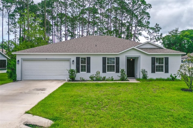 24 Beacon Mill Ln, Palm Coast, FL 32137 - ranch-style home with stucco siding, an attached garage, a shingled roof, and driveway