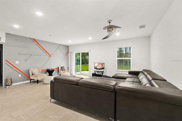 24 Beacon Mill Ln, Palm Coast, FL 32137 - living room featuring a ceiling fan, recessed lighting, and baseboards