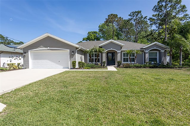 127 Wynnfield Dr, Palm Coast, FL 32164 - ranch-style home with a garage, a front yard, driveway, and stucco siding