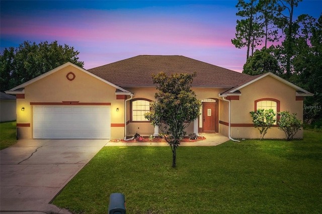 4 Seathorn Path, Palm Coast, FL 32164 - ranch-style house featuring stucco siding, an attached garage, concrete driveway, and a front lawn
