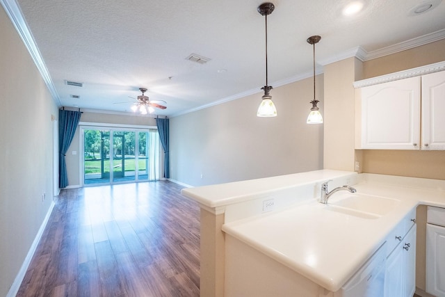 1400 Canopy Walk Ln Unit 1413, Palm Coast, FL 32137 - kitchen featuring wood finished floors, white cabinetry, a ceiling fan, ornamental molding, and pendant lighting
