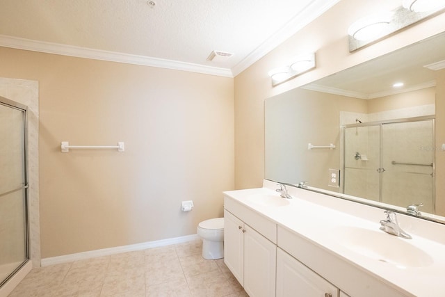 1400 Canopy Walk Ln Unit 1413, Palm Coast, FL 32137 - full bathroom featuring a stall shower, double vanity, crown molding, and tile patterned floors