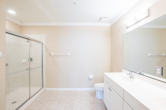 1400 Canopy Walk Ln Unit 1413, Palm Coast, FL 32137 - bathroom featuring ornamental molding, double vanity, an enclosed shower, and tile patterned floors