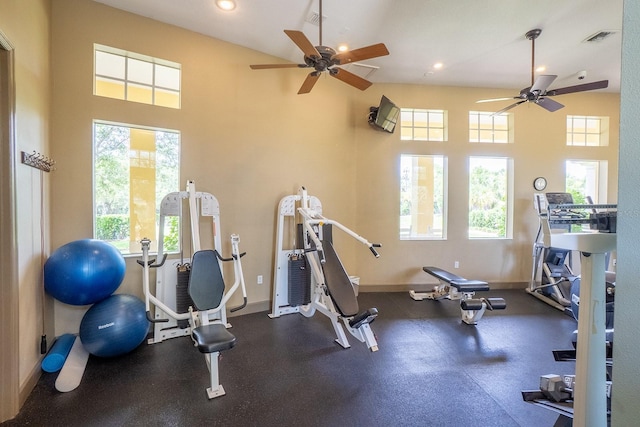 1400 Canopy Walk Ln Unit 1413, Palm Coast, FL 32137 - exercise area featuring a ceiling fan, healthy amount of natural light, recessed lighting, and a towering ceiling