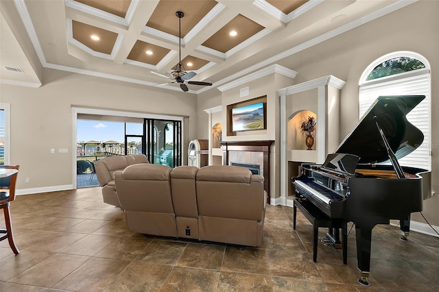 207 S Riverwalk Dr, Palm Coast, FL 32137 - living area with ceiling fan, coffered ceiling, beam ceiling, crown molding, and a high ceiling