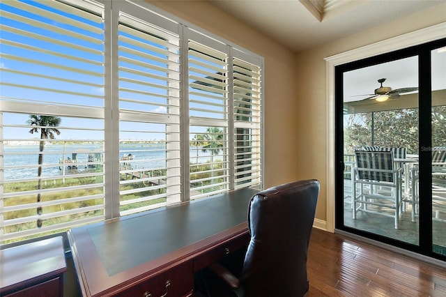 207 S Riverwalk Dr, Palm Coast, FL 32137 - office with a water view, dark wood-style floors, and a ceiling fan