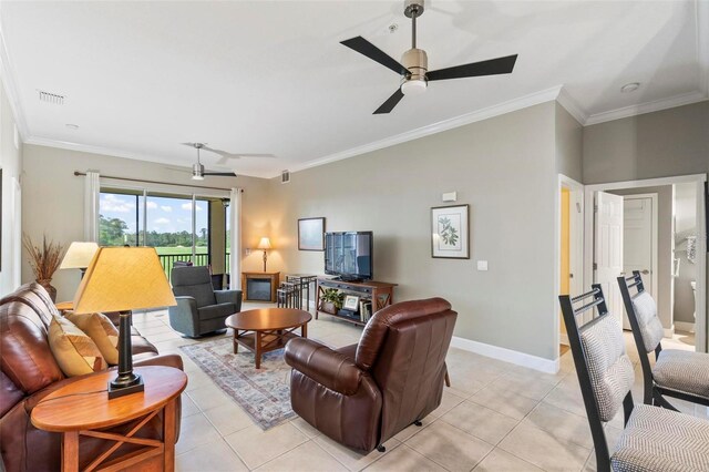 200 Riverfront Dr Unit D302, Palm Coast, FL 32137 - living area featuring light tile patterned floors, a ceiling fan, and ornamental molding