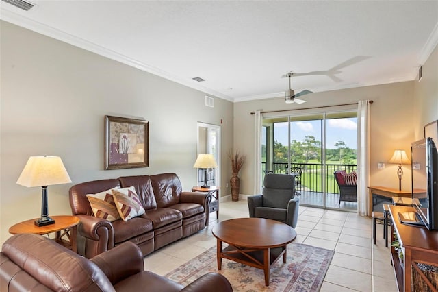 200 Riverfront Dr Unit D302, Palm Coast, FL 32137 - living room with crown molding, light tile patterned floors, and a ceiling fan