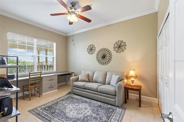 200 Riverfront Dr Unit D302, Palm Coast, FL 32137 - home office with ornamental molding, light tile patterned floors, and ceiling fan