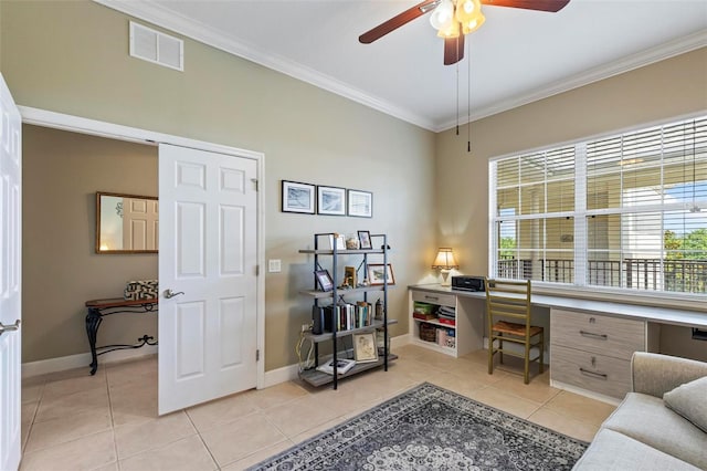 200 Riverfront Dr Unit D302, Palm Coast, FL 32137 - office space featuring light tile patterned floors, ornamental molding, ceiling fan, and built in desk