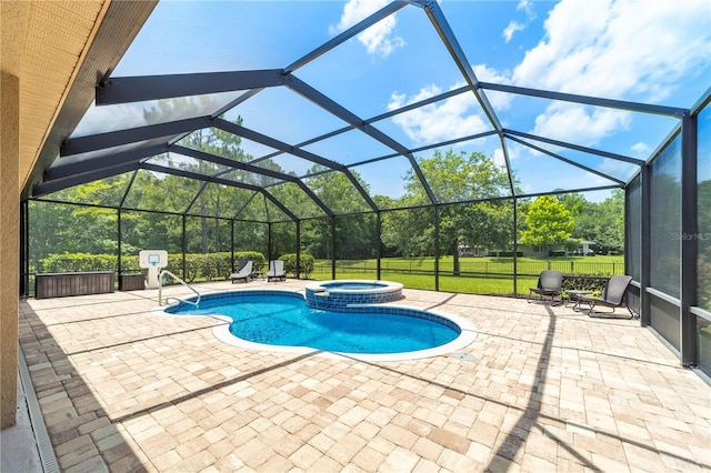265 Pinehurst Pointe Dr, Saint Augustine, FL 32092 - view of swimming pool featuring a patio area, a pool with connected hot tub, glass enclosure, and view of scattered trees