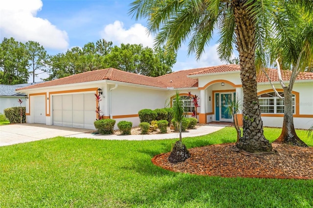 118 Pine Grove Dr, Palm Coast, FL 32164 - mediterranean / spanish-style house featuring a garage, a front lawn, a tile roof, concrete driveway, and stucco siding