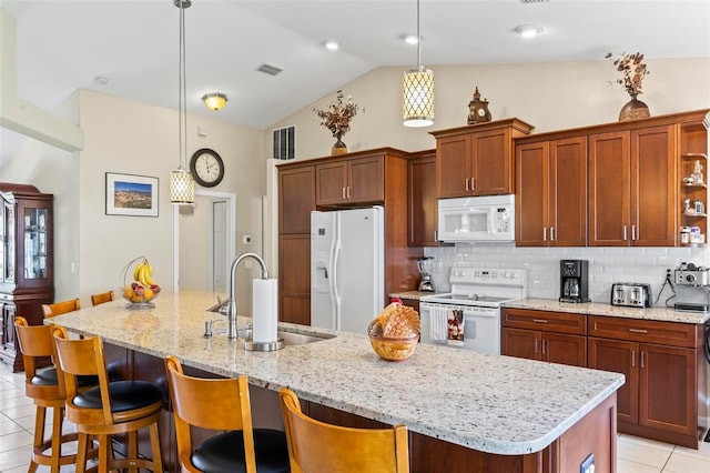 118 Pine Grove Dr, Palm Coast, FL 32164 - kitchen featuring white appliances, a sink, light tile patterned flooring, lofted ceiling, and backsplash