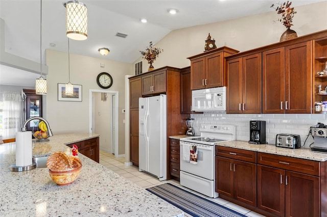 118 Pine Grove Dr, Palm Coast, FL 32164 - kitchen featuring white appliances, open shelves, lofted ceiling, backsplash, and pendant lighting