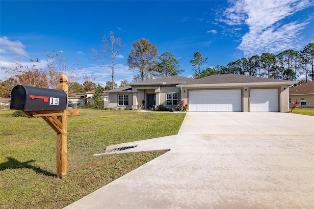15 Raleigh Dr, Palm Coast, FL 32164 - view of front facade featuring an attached garage, concrete driveway, a front yard, and stucco siding