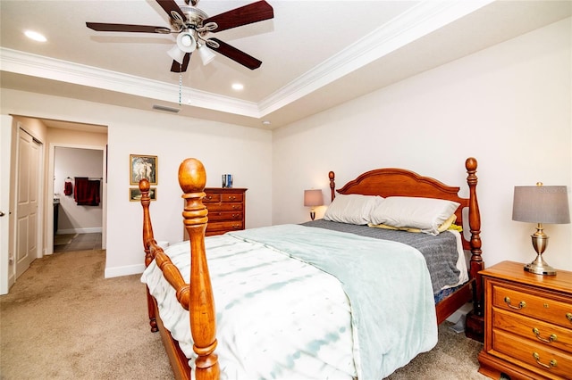 15 Raleigh Dr, Palm Coast, FL 32164 - bedroom with light colored carpet, crown molding, recessed lighting, and a ceiling fan