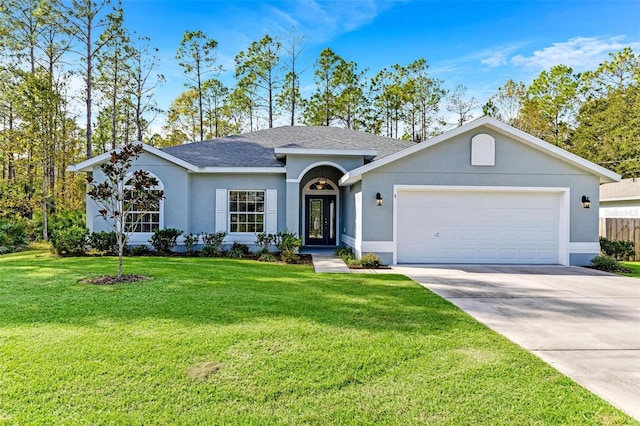 9 Port Royal Dr, Palm Coast, FL 32164 - ranch-style house with a shingled roof, stucco siding, driveway, an attached garage, and a front lawn