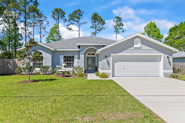 9 Port Royal Dr, Palm Coast, FL 32164 - ranch-style home with a garage, driveway, a shingled roof, and stucco siding