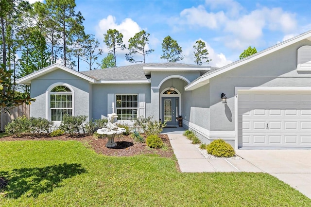 9 Port Royal Dr, Palm Coast, FL 32164 - ranch-style house with a front yard, a garage, stucco siding, roof with shingles, and concrete driveway