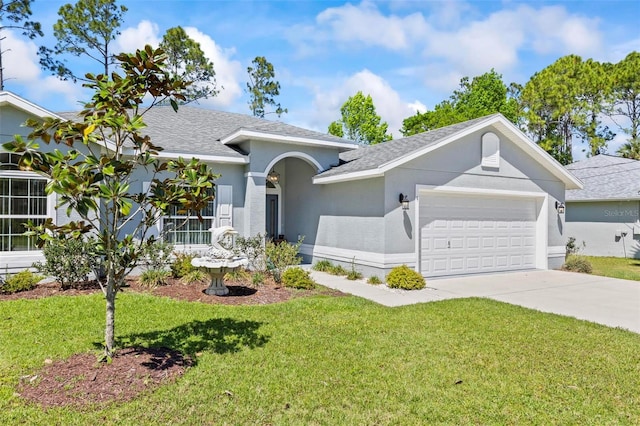 9 Port Royal Dr, Palm Coast, FL 32164 - ranch-style home with a front lawn, concrete driveway, a garage, and a shingled roof