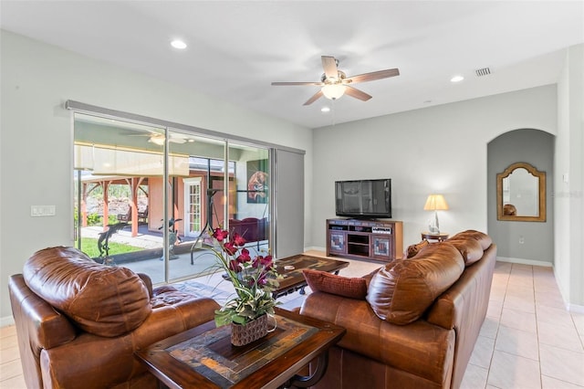 9 Port Royal Dr, Palm Coast, FL 32164 - living area with a ceiling fan, light tile patterned flooring, and recessed lighting