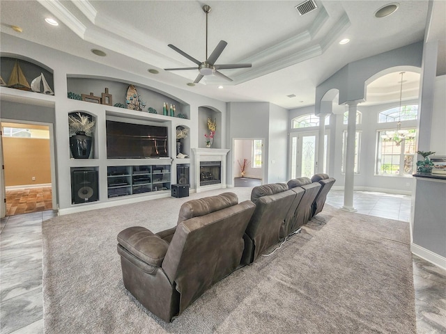 101 Covington Ln, Palm Coast, FL 32137 - living area with built in shelves, ornamental molding, ornate columns, recessed lighting, and a ceiling fan