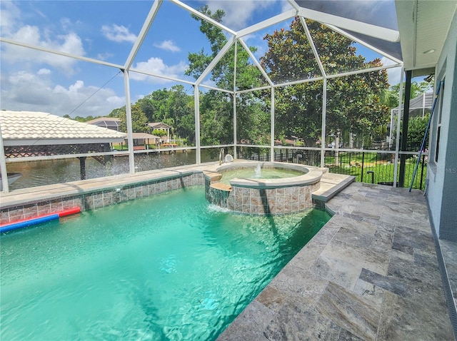101 Covington Ln, Palm Coast, FL 32137 - view of pool featuring a water view, glass enclosure, and a pool with connected hot tub