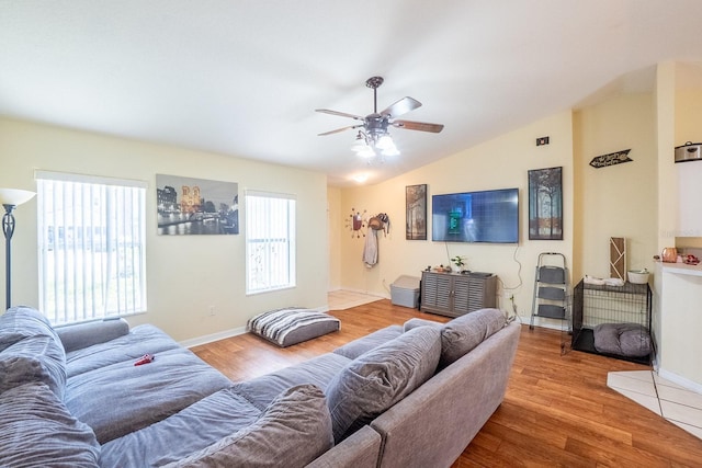 19 Rydell Ln, Palm Coast, FL 32164 - living area featuring a ceiling fan, wood finished floors, and lofted ceiling