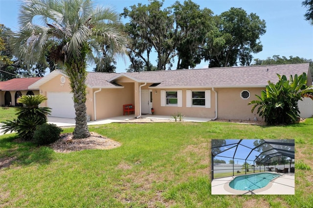 12 Fernwood Ln, Palm Coast, FL 32137 - ranch-style house featuring an attached garage, stucco siding, a front yard, and a lanai