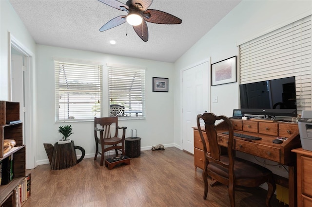 12 Fernwood Ln, Palm Coast, FL 32137 - office with ceiling fan, wood finished floors, a textured ceiling, and vaulted ceiling
