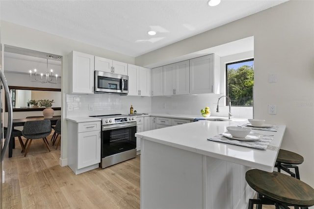 7 Sherbury Ct Unit 7, Palm Coast, FL 32137 - kitchen featuring appliances with stainless steel finishes, a sink, a peninsula, backsplash, and a kitchen breakfast bar