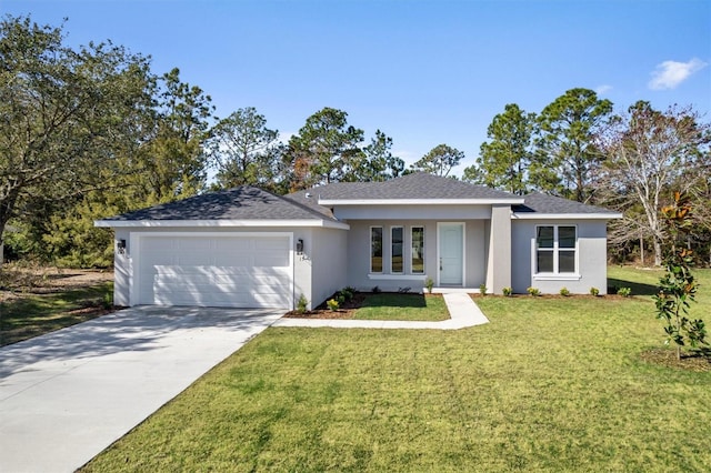 52 Pershing Ln, Palm Coast, FL 32164 - view of front of home with a garage, stucco siding, concrete driveway, a front yard, and a shingled roof