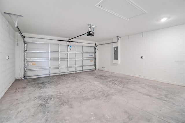 52 Pershing Ln, Palm Coast, FL 32164 - garage featuring electric panel, a garage door opener, and concrete block wall