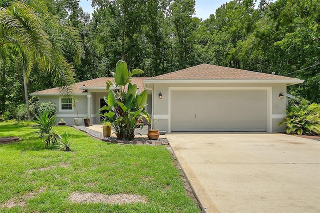 7 Zeolite Pl, Palm Coast, FL 32164 - ranch-style home featuring stucco siding, a garage, a front yard, and concrete driveway
