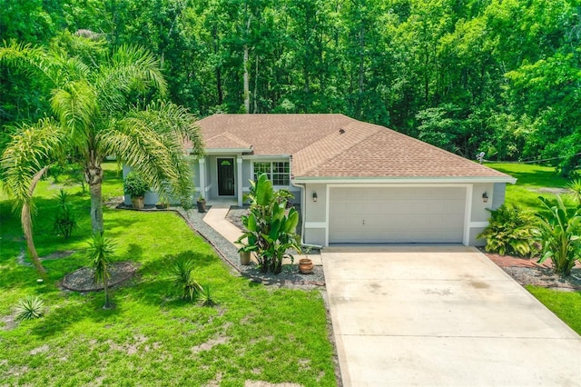 7 Zeolite Pl, Palm Coast, FL 32164 - ranch-style home featuring stucco siding, concrete driveway, a front yard, and a garage