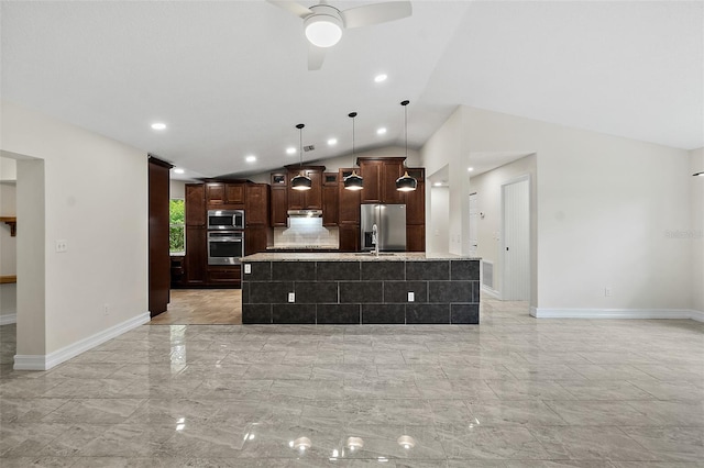 7 Zeolite Pl, Palm Coast, FL 32164 - kitchen featuring appliances with stainless steel finishes, light marble finish flooring, ceiling fan, vaulted ceiling, and light countertops