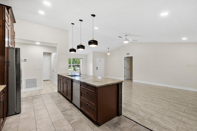 7 Zeolite Pl, Palm Coast, FL 32164 - kitchen featuring dishwasher, freestanding refrigerator, a ceiling fan, open floor plan, and lofted ceiling