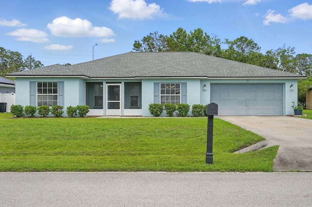 8 Severn Ct, Palm Coast, FL 32164 - ranch-style home with a garage, concrete driveway, a front lawn, roof with shingles, and stucco siding